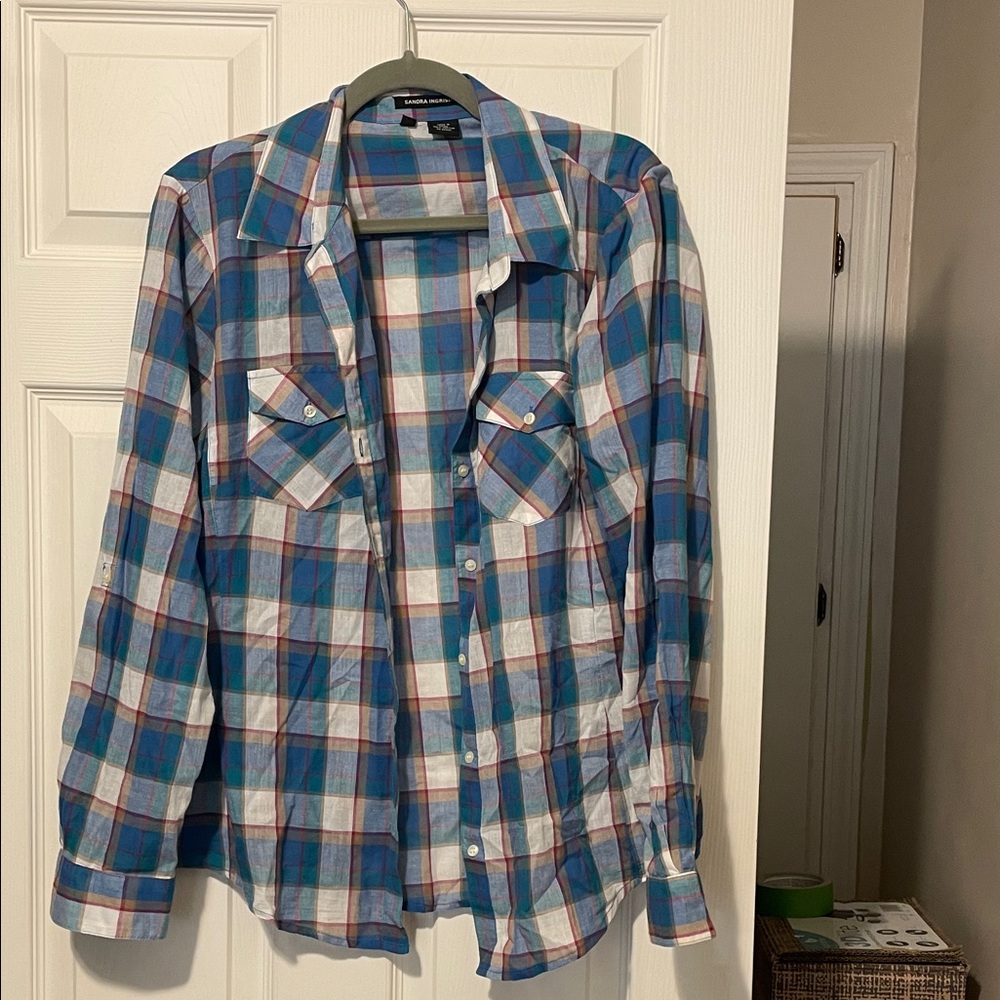 Sandra Ingrish Blue Plaid Button Down Shirt